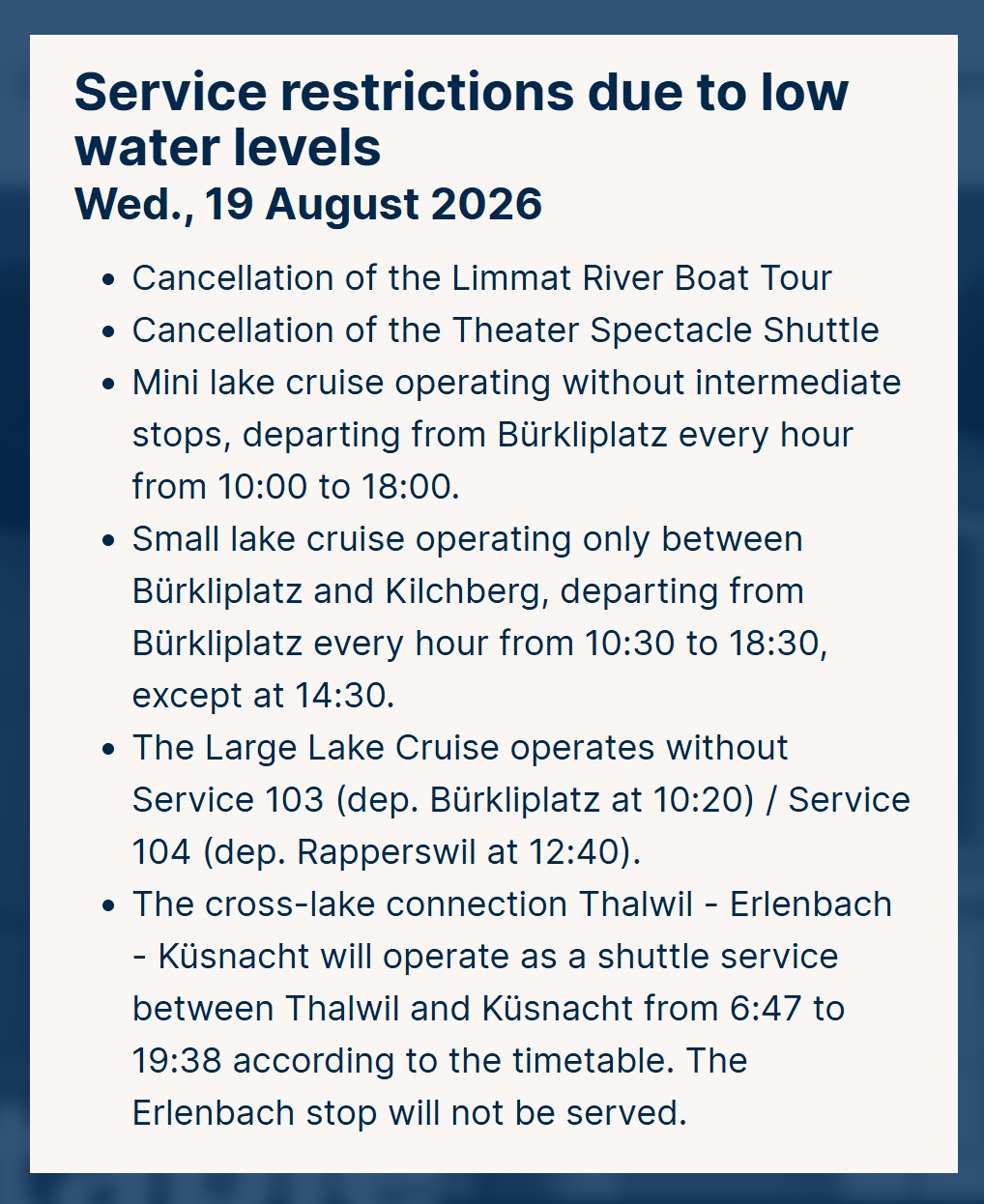 Lake Zurich Boat Services Cancelled: Water Level Drops To Lowest In 74 Years